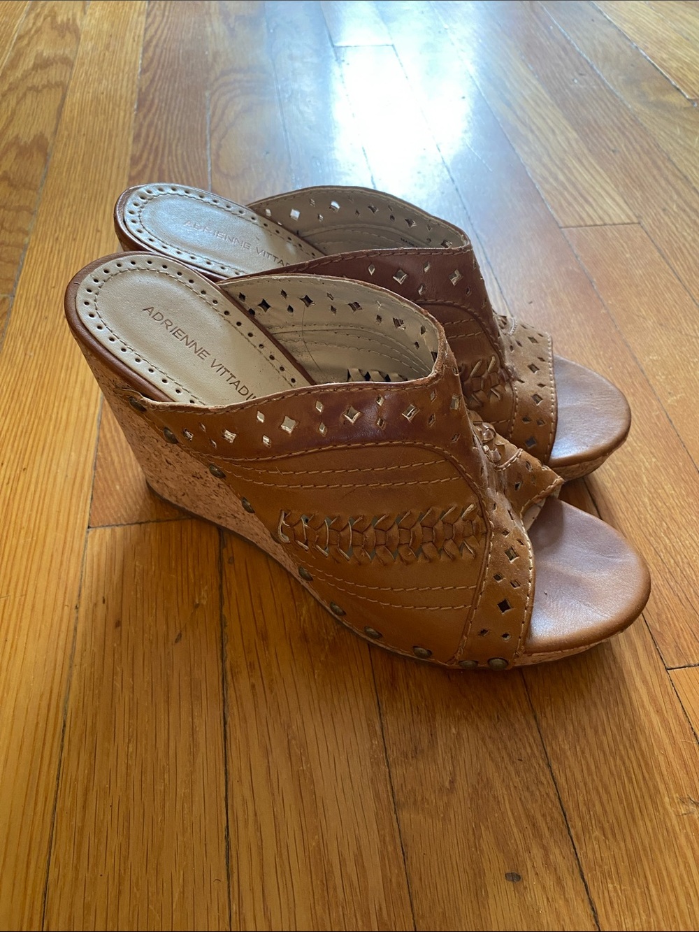 Adrienne Vittadini Cognac Leather Wedge Sandals
